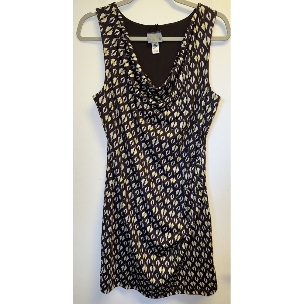 Athleta Dress Inverse Reversible Drape Neck Ruched Medium Brown Green White